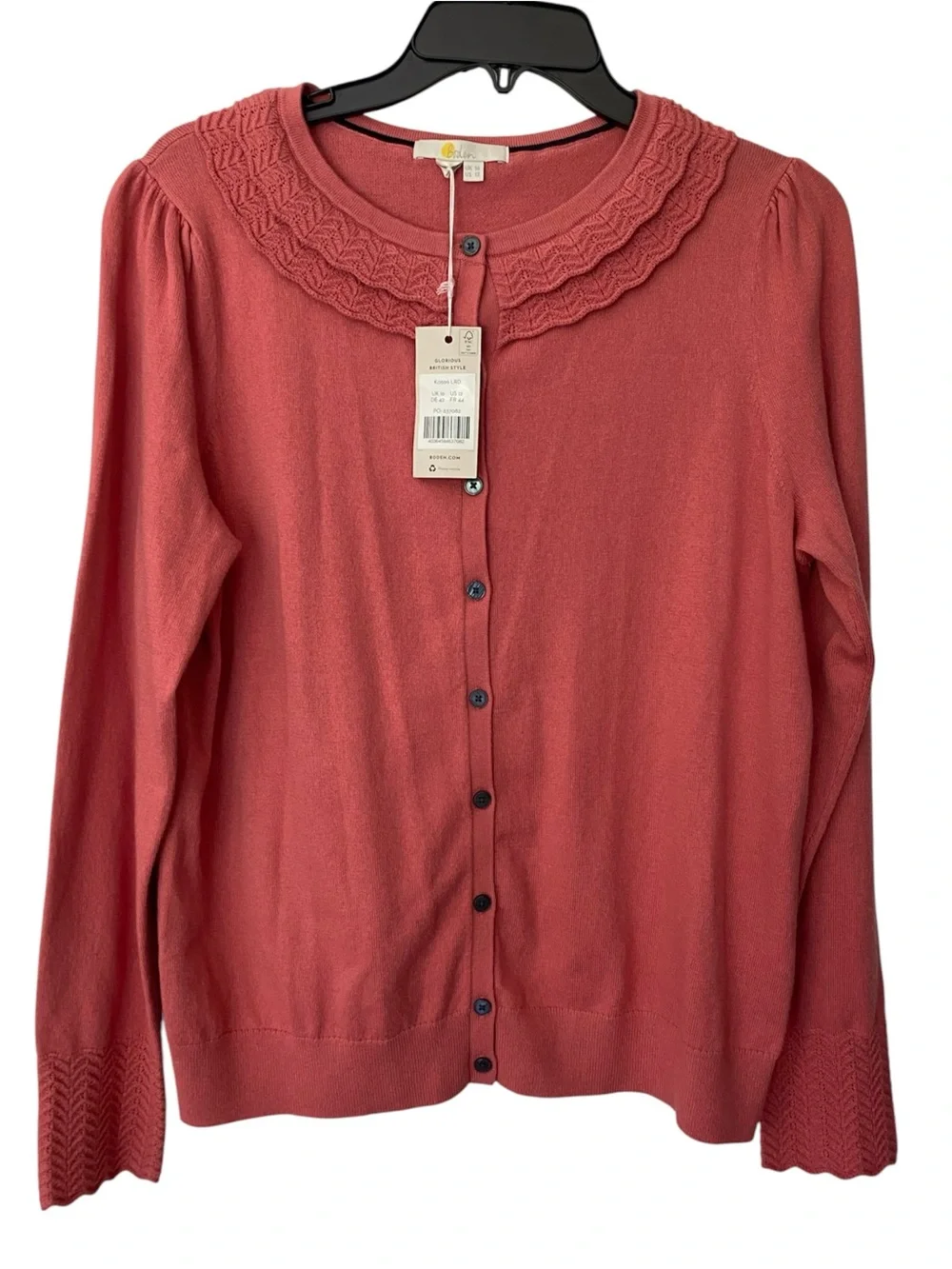 NWT Boden Scalloped Edge Knit Cardigan Women’s Size 12 Salmon Pink Coquette